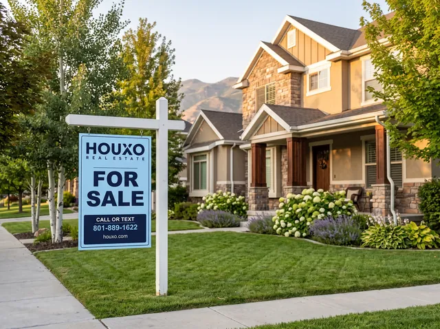 A Houxo Real Estate for sale sign in front of a craftsman home