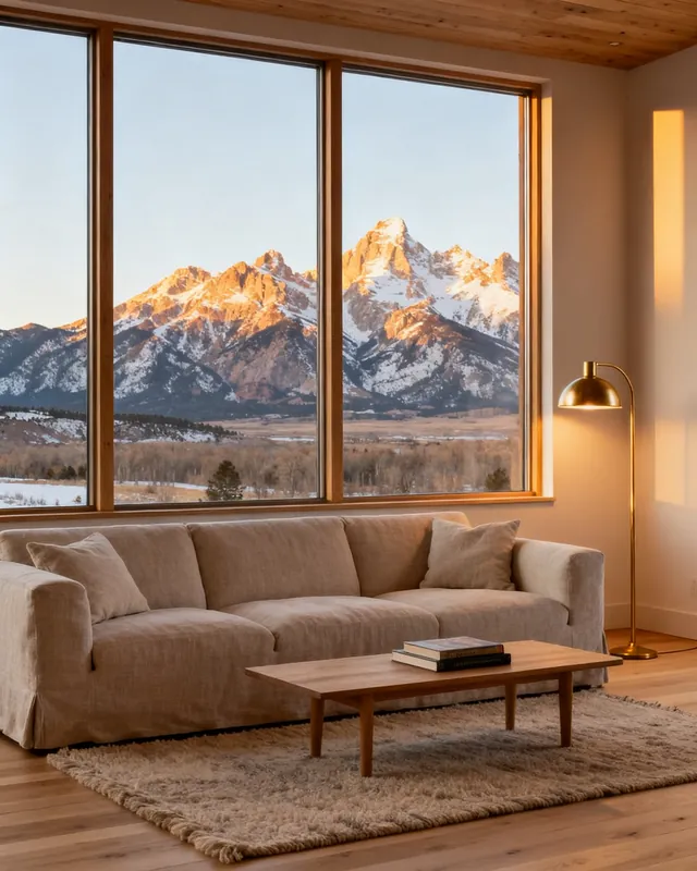 A sunlit living room with a view of snow-capped mountains